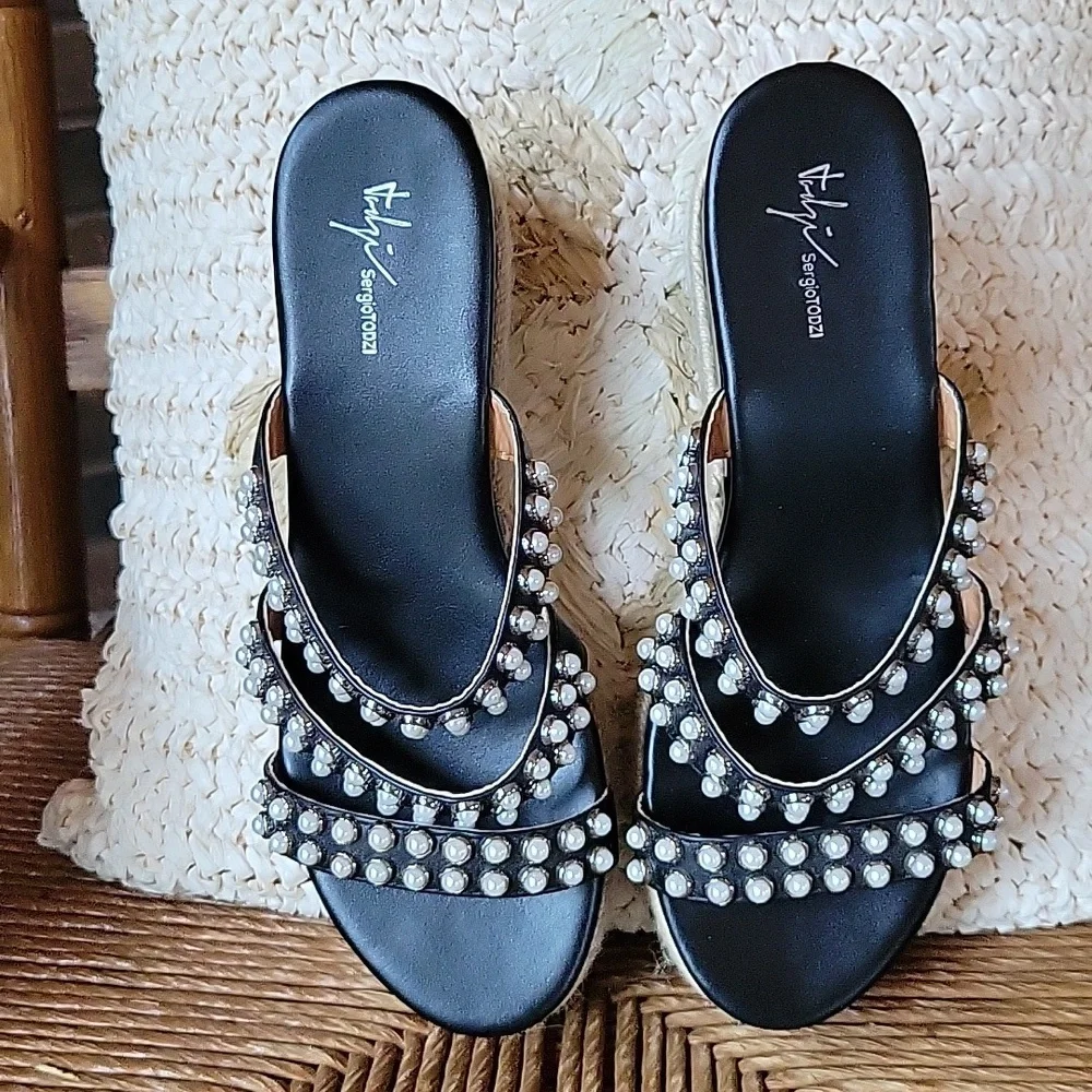 Sergio Todzi, jeweled pearl, espadrille, platform, wedge, size 40EU 9.5 US
